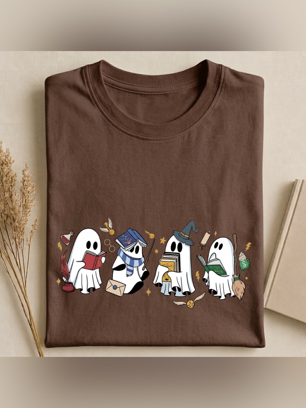Gildan Dark Brown Ghosts Reading Graphic Tee, Vintage Ghosts Reading Books Shirt